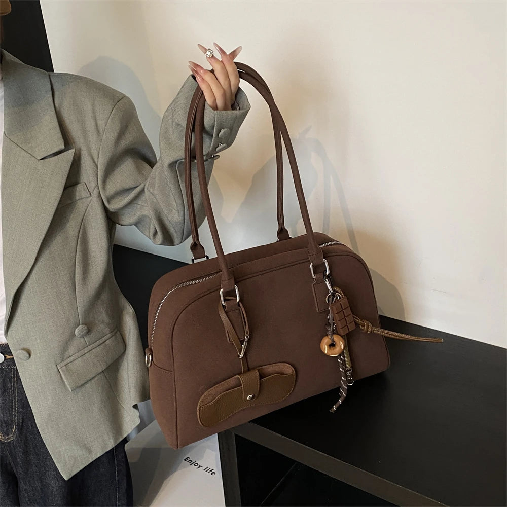 bolsa feminina bolsa grife luxo bolsas femininas promoção Tamanho grande Mulheres Sacos De Bowling Camurça Cor Pura Grande Capacidade Ombro Crossbody Bag Com Alça Longa 2024 Designer De Luxo Bolsas