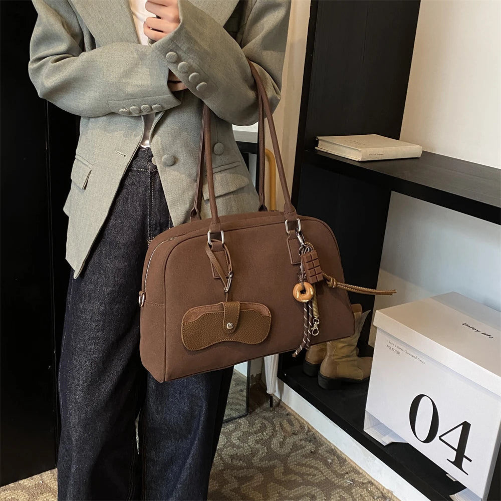 bolsa feminina bolsa grife luxo bolsas femininas promoção Tamanho grande Mulheres Sacos De Bowling Camurça Cor Pura Grande Capacidade Ombro Crossbody Bag Com Alça Longa 2024 Designer De Luxo Bolsas